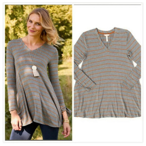 Matilda Jane Windsong Gray and Orange Stripe Tunic Top Sz M - Picture 1 of 8